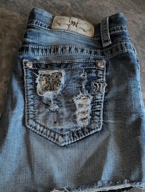 Miss Me Blue Denim Jean Shorts with Sequin Distressed Pocket